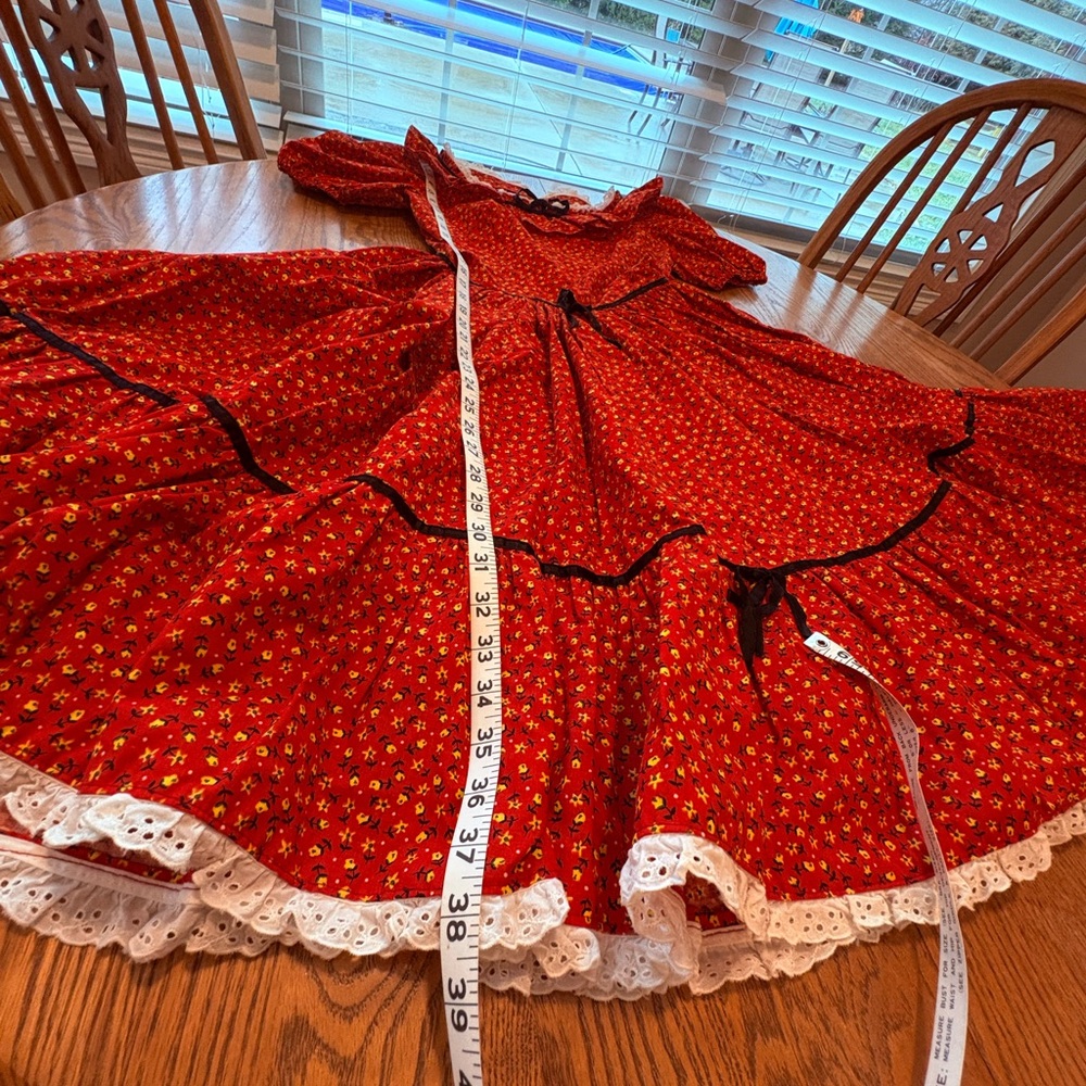 Vintage Custom Red Chintz Floral Square Dance Dress Ruffles & Ribbons Circle S - Picture 5 of 9